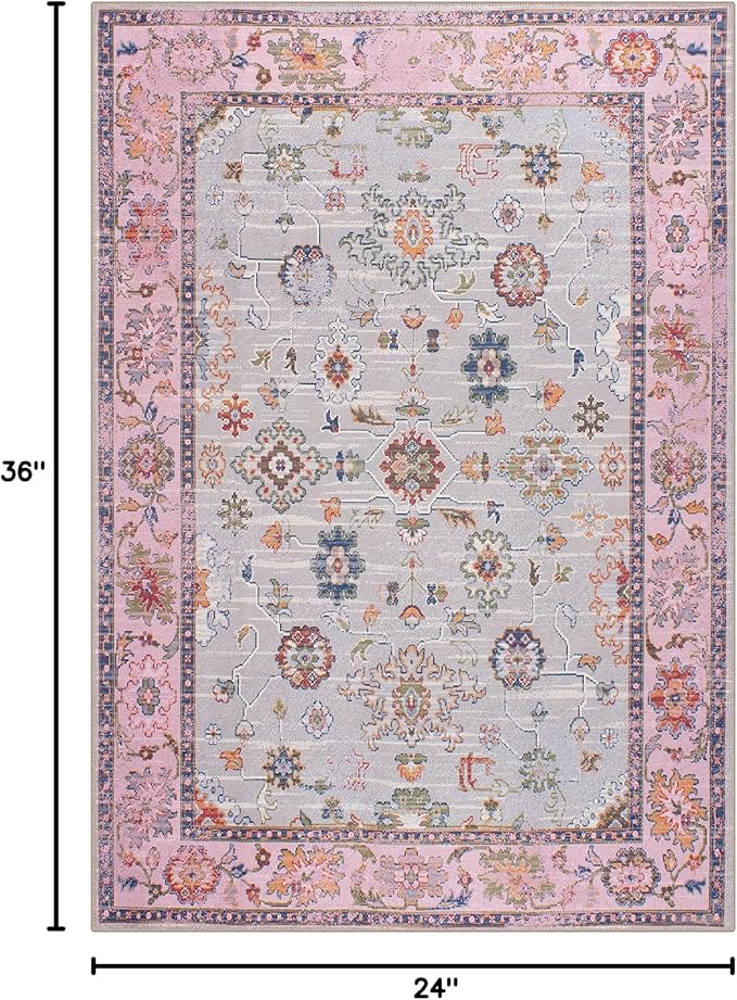 GLN Rugs Traditional Collection - Machine Washable Area Rug, Traditional Washable, Non Slip, Low Pile Chenille Rug, Living Room, Bedroom, Kitchen Rug (2' x 3' Pink/Blue/Multicolor)