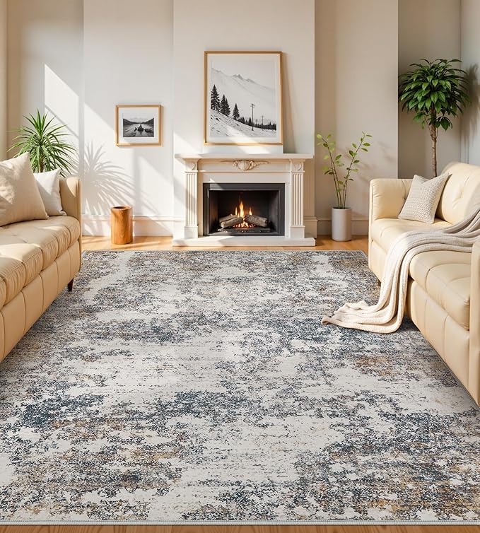 10x14 Washable Area Rugs - Modern Abstract Large Rugs for Living Room Non-Slip Low Pile Soft Machine Washable Carpet for Bedroom, Under Dining Table, Nursery, Farmhouse (10'x14' Tan Blue)