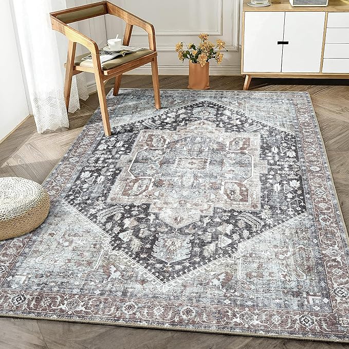 Bloom Rugs Washable Non-Slip 5' x 7' Rug - Charcoal/Brown Traditional Medallion Area Rug for Living Room, Bedroom, Dining Room, and Kitchen - Exact Size: 5' x 7'
