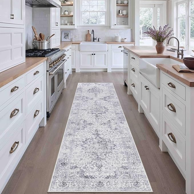 HUGEAR Washable Hallway 2x8 Runner Rugs Retro Grey Vintage Distressed Non Slip Stain Resistant Low Pile Neutral Throw Carpet for Bedside Kitchen Entryway Home Decor