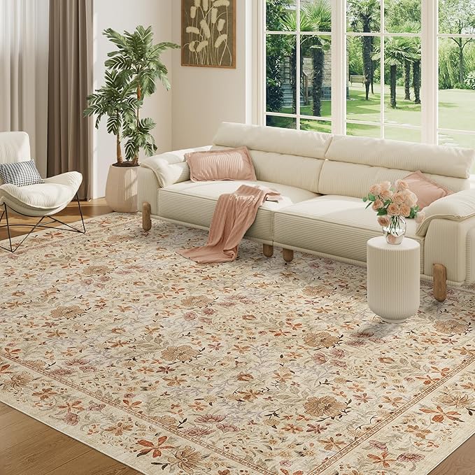 DUKINO 8x10 Area Rugs for Living Room, Vintage Floral Washable Rug with Non Slip Backing, Soft Low Pile & Non-Shedding Large Carpets for Bedroom, Farmhouse, Dining Room, Home Office, Beige