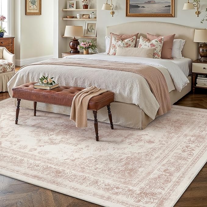 Area Rug 5x7 Washable Pink Rug Vintage Boho Medallion Large Distressed Retro Carpet for Living Room Non Slip Indoor Low Pile Small Soft Bedroom Dining Room Home Office