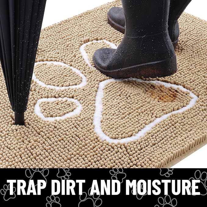 Smiry Dog Door Mat for Muddy Paws, Absorbent Dirt Trapper Non Slip Quick Dry Washable Chenille Mat for Mud Dogs, Entry Rug for Indoor and Outdoor (40x32 Inches, Beige and White)