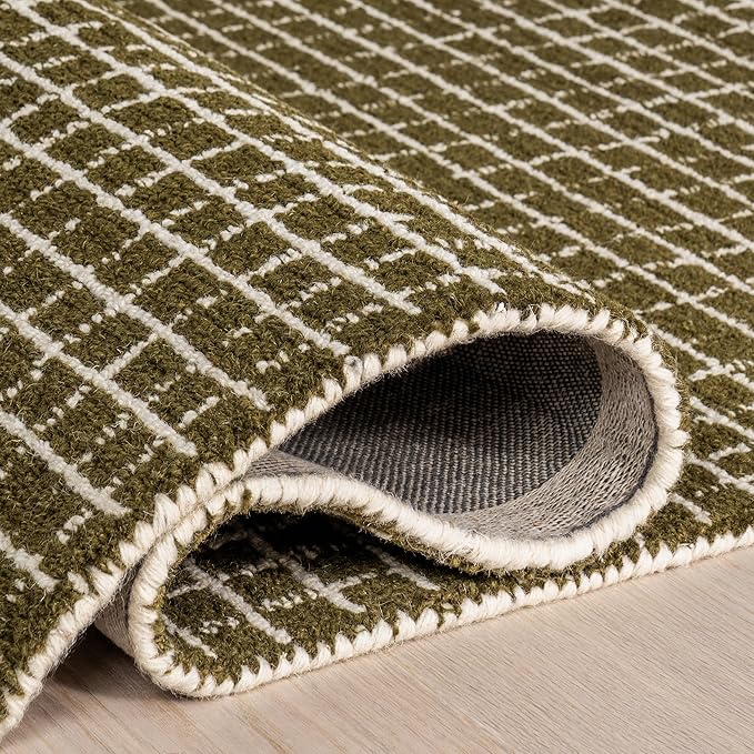 Rugs USA 2'6" x 8' Melrose Checked Wool Indoor Runner Rug, Contemporary Farmhouse Moss/Ivory for Living Room, Bedroom, Office, Entryway, Hallway