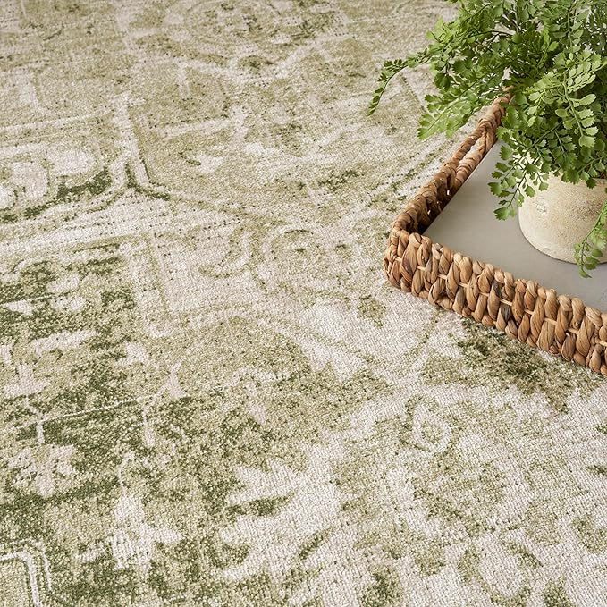 Nourison Home Astra Machine Washable Ivory Green 5'3" x 7' Area Rug - Easy Clean, Non Shedding, Bed Room, Living Room, Dining Room, Kitchen (5' x 7')