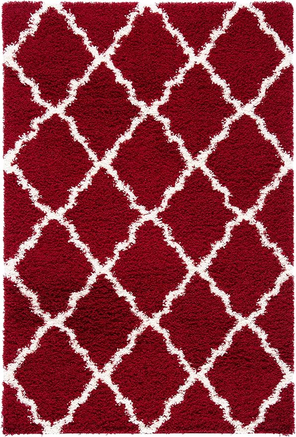 SAFAVIEH Dallas Shag Collection Accent Rug - 4' x 6', Red & Ivory, Trellis Design, Non-Shedding & Easy Care, 1.5-inch Thick Ideal for High Traffic Areas in Entryway, Living Room, Bedroom (SGD257Q)