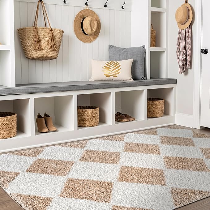 Rugshop Diamond Wave Shag Area Rug Beige 4' x 6' Ideal for Small Living Rooms, Offices, or Beside The Bed