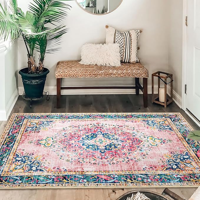 Area Rug 4x6.5 Pink Boho Rug Washable Vintage Rug for Kitchen Living Room Bedroom Bathroom Office Low Pile Non Slip Indoor Floor Carpet