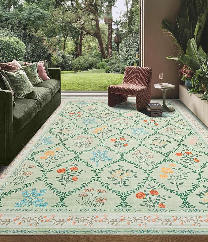 YIHOUSE 6x9 Washable Rug for Bedroom, Green Floral Rugs for Living Room Non Slip Ultra-Thin Large Boho Rug for Kids Playroom, Classroom, Girls Dorm, Nursery, Green Multi
