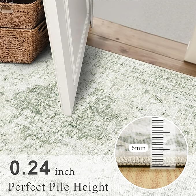 8x10 Vintage Washable Area Rugs Boho Medallion Large Distressed Retro Accent Carpet Floral Non-Slip Soft Low Pile Indoor Throw Rug for Living Room Bedroom Dining Room Office Kitchen, Green