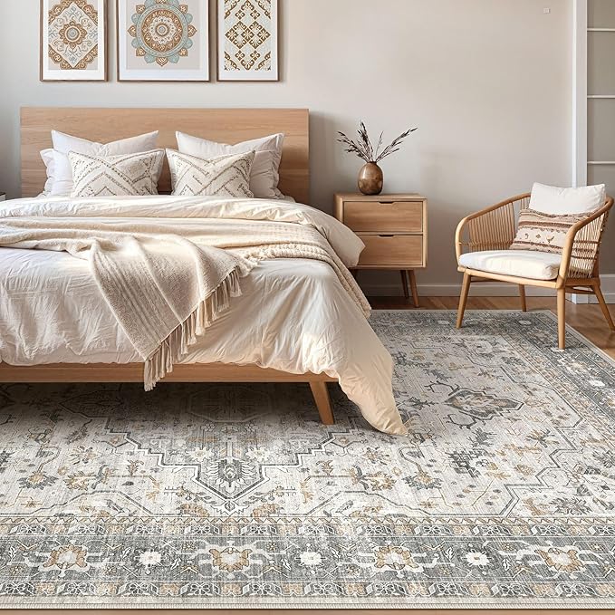 8x10 Area Rugs Living Room: Washable Boho Large Neutral Vintage Soft Rug Stain Resistant Distressed Farmhouse Non-Slip Indoor Floor Carpet for Bedroom Nursery Kids Office Dining Room- Taupe