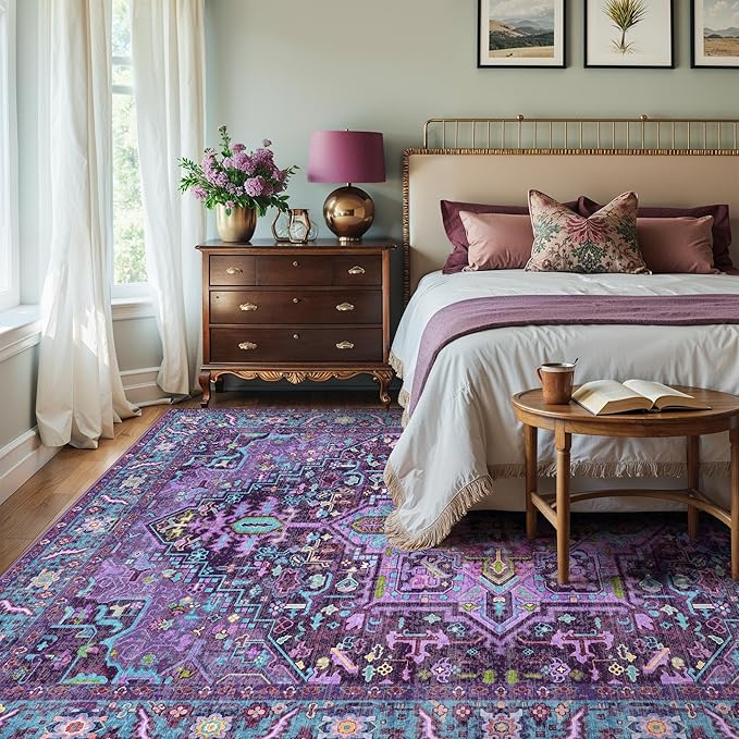 Kokia 9x12 Washable Area Rugs Violet Purple with Vintage Orient Design, Soft Rug for Living Room or Bedroom, Non-Slip Low Pile Stain Resistance Features, Distressed Medallion Pattern