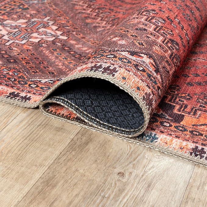 Bloom Rugs Washable Non-Slip 12 ft Runner - Red/Multicolor Traditional Bordered Runner for Entryway, Hallway, Bathroom, and Kitchen - Exact Size: 2.5' x 12'