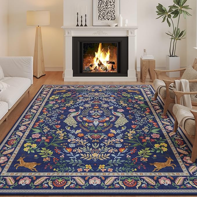 Rugcomf Living Room Rug 6x9 Rug Machine Washable Area Rug Floral Non-Slip Low Pile Large Rug for Living Room, Bedroom, Farmhouse, Dining Room, Kids Playroom(Blue)