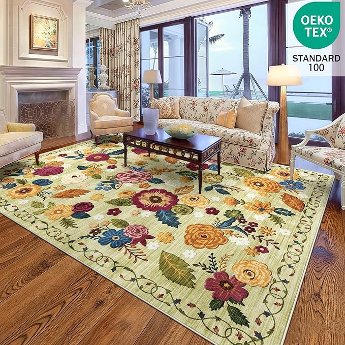 8x10 Machine Washable Area Rug for Living Room, Green Vintage Boho Floral Rug Large Non-Slip Low Pile Soft Faux Wool Carpet, Kids and Pets Friendly for Bedroom Dining Room Farmhouse Home Decor Rug