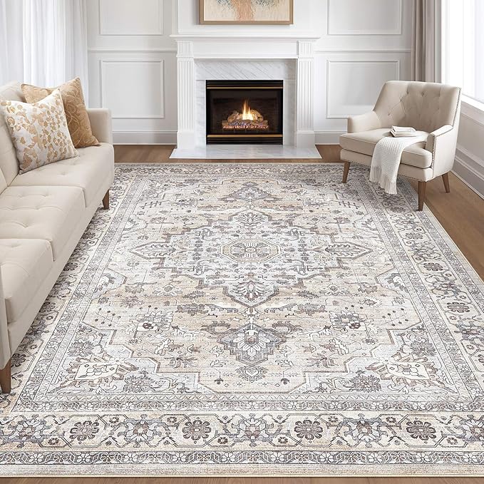 10x13 Area Rugs Living Room: Washable Boho Large Neutral Vintage Soft Rug Stain Resistant Farmhouse Non Slip Indoor Floor Carpet for Bedroom Nursery Kids Playroom Office Dining Room- Cream Grey
