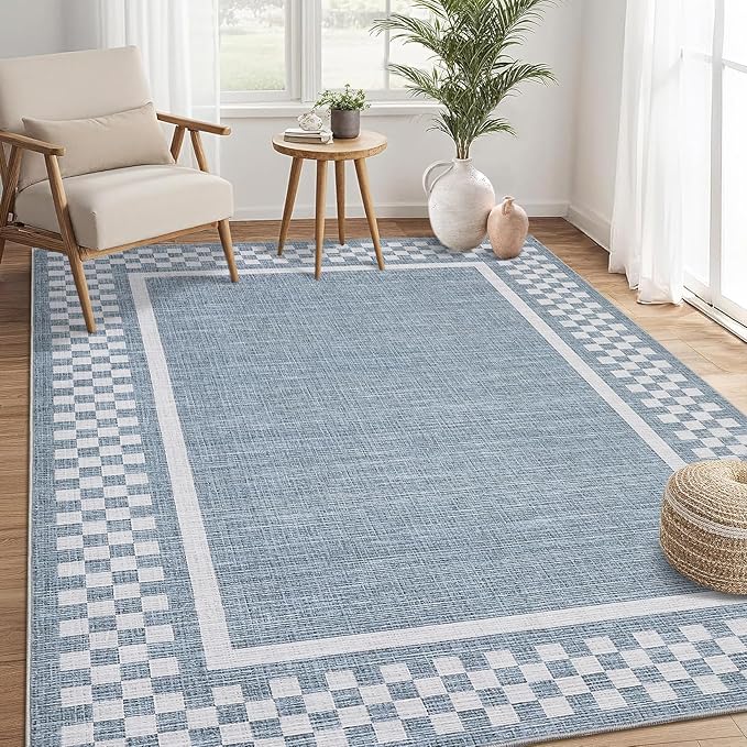 Small Bedroom Area Rug 3x5 Checkered Area Rug for Living Room Nursery Non Slip Kitchen Throw Carpet Low Pile Modern Bordered Rugs Washable Bathroom Mat Soft Brown Rugs for Laundry Entryway, Blue