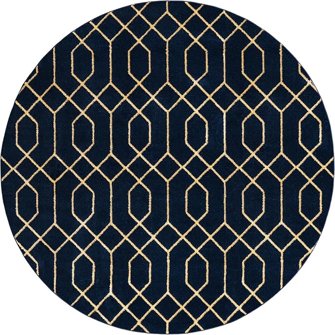 Unique Loom Glam Collection Area Rug - Trellis (7' 10" Round, Navy Blue Gold/ Gold)