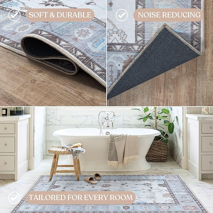 Fame Living Faded Oushak Rug, Turkish Vintage Floral Pastel Large Oversized Area Rugs for Living Room Dining Bedroom Kitchen Bathroom Nursery (854CGRY, 7'5" x 9'9")