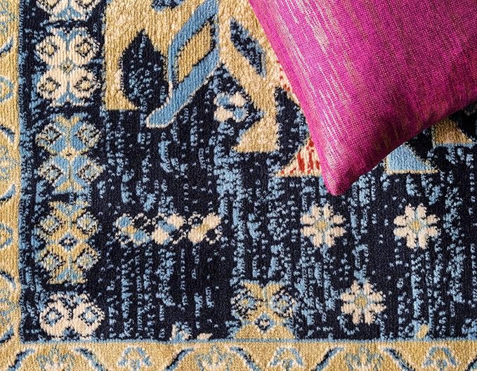 Unique Loom Taftan Collection Border Geometric Tribal Inspired Design Area Rug (4' 0 x 6' 0 Rectangular, Navy Blue/ Gold)