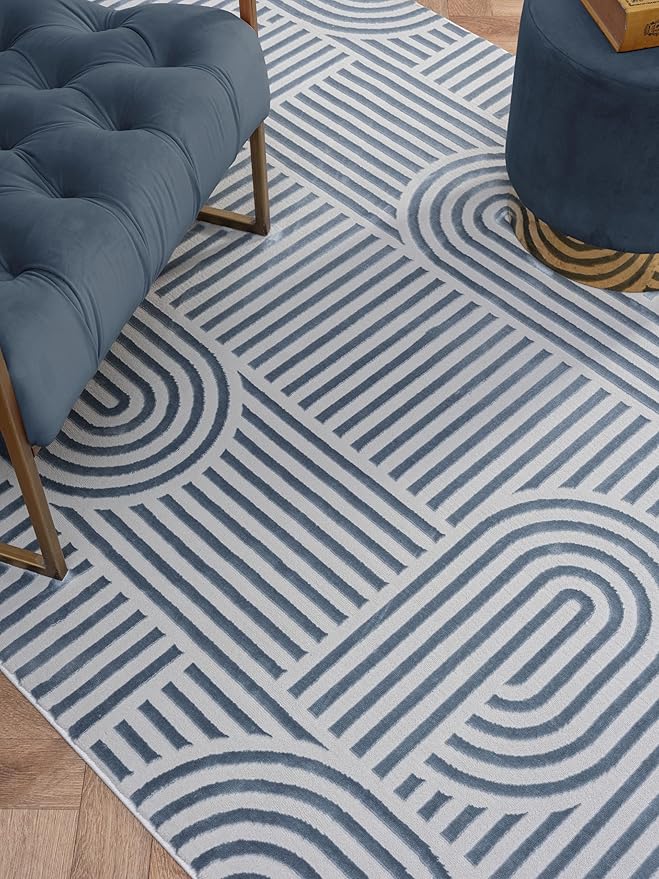 Annabel Modern Geometric Runner Rug for Kitchen, 2x7 Contemporary Arched and Linear Blue Runner, High-Low Pile Stain Resistant Carpet for Bedroom, Hallway or Entryway (2' x 7', Blue)