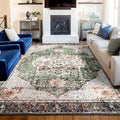 Area Rug 6x9 for Living Room Green Boho Rug Non-Slip Washable Vintage Low Pile Large Rug for Bedroom Dining Room