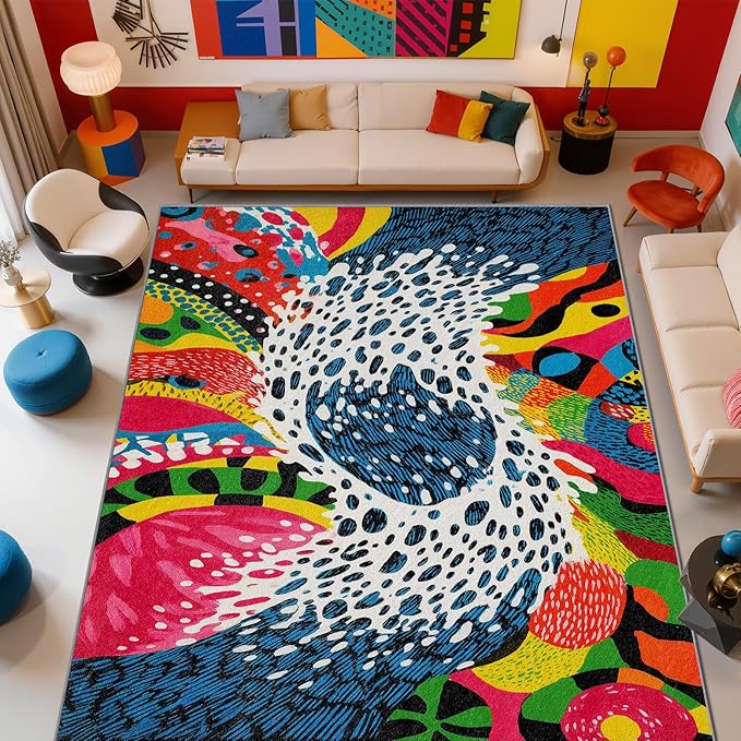 Wavy Rugs for Bedroom - Optical Illusion Retro Area Rug 5x8, Abstract Orange Art High Traffic Anti Slip Carpets Home Decor #C112
