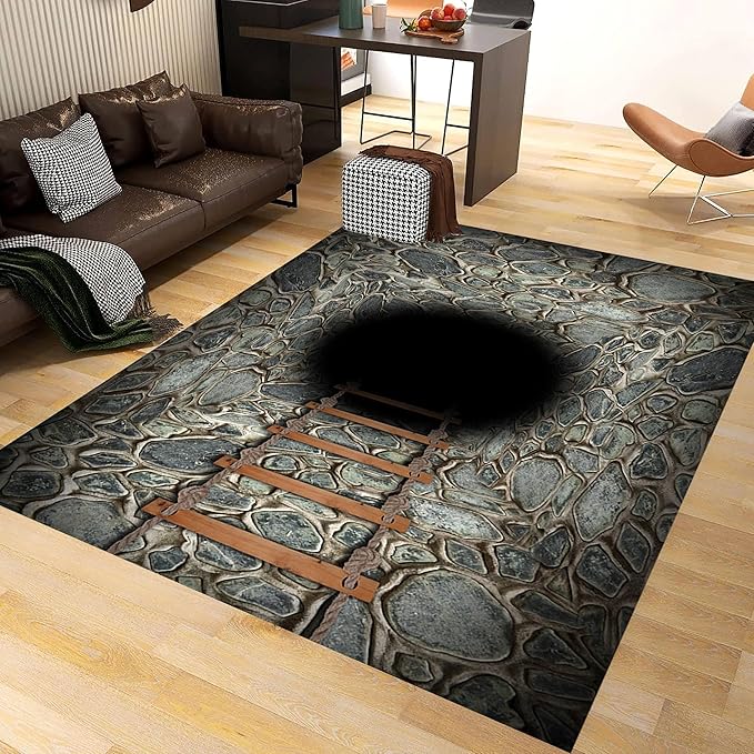 3D Deep Abyss Canyon Indoor Rug, 4x6ft, Stone Built Cave Wooden Ladder Carpet for Entryway, Durable Non-Shedding Pet Friendly Mats, Floor Decor Low Pile Easy Clean Rugs for Family