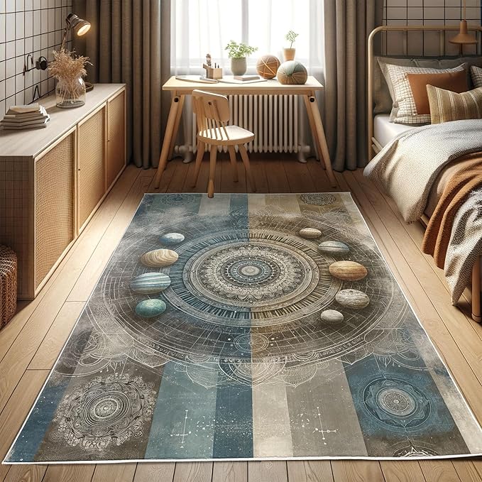 Ambesonne Space Boho Decorative Rug, Modern Interpretation of Outer Galaxy Art Planets and Trippy Mandalas, Quality Carpet for Bedroom Dorm and Living Room, 2' 5" x 5', Sea Blue Eggshell Tan