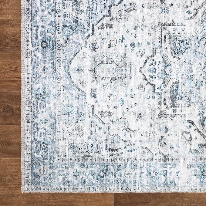Bloom Rugs Caria Washable Non-Slip 10 ft Runner - Ivory/Blue/Gray Traditional Runner for Entryway, Hallway, Bathroom, and Kitchen - Exact Size: 2'6" x 10'
