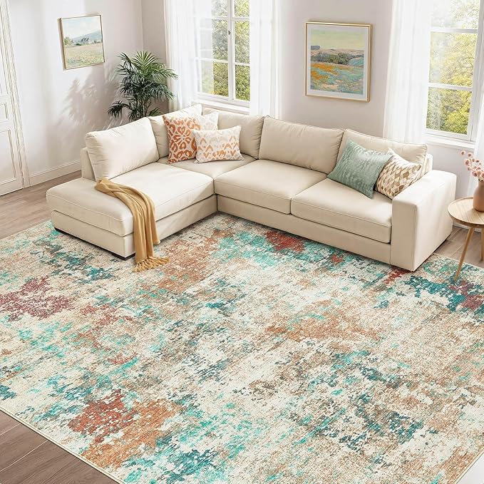 8x10 Christmas Area Rug Living Room Rugs - Washable Neutral Modern Abstract Soft Thin Large Rug Indoor Floor No Slip Rug Carpet for Bedroom Under Dining Table Home Office Decor -Colorful