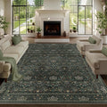 9x12 Floral Washable Area Rug for Living Room, Vintage Boho Large Rug for Bedroom Dining Room， Distressed Botanical Birds Non Slip Low Pile Forest Animal Throw Carpet for Farmhouse Office, Dark Green