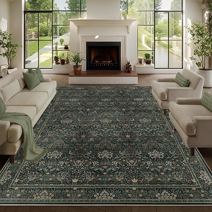 9x12 Floral Washable Area Rug for Living Room, Vintage Boho Large Rug for Bedroom Dining Room， Distressed Botanical Birds Non Slip Low Pile Forest Animal Throw Carpet for Farmhouse Office, Dark Green