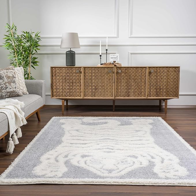 Hauteloom Tilos Moroccan Farmhouse Living Room Bedroom Nursery Shag Area Rug - Shaggy Carpet - Tiger Pattern - High Plush Pile - Light Grey, Beige, Cream - 5'3" x 7'