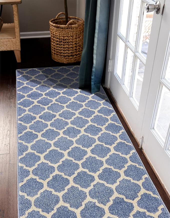 Rugs.com Lattice Collection Rug – 6 Ft Runner Light Blue Medium-Pile Rug Perfect for Hallways, Entryways