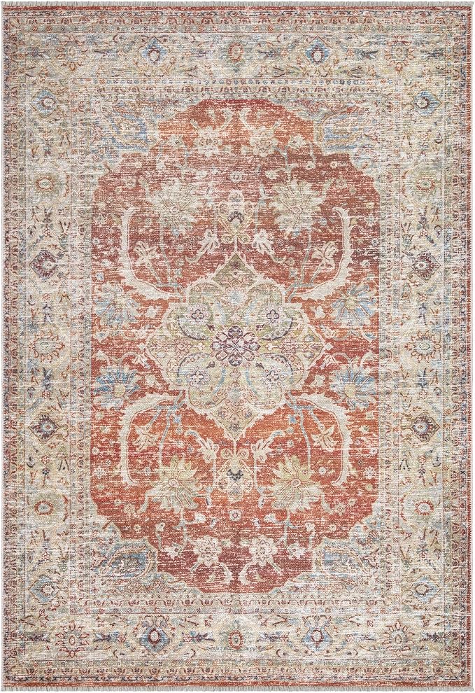 Bloom Rugs Caria Washable Non-Slip 5x7 Rug - Orange/Olive Beige Traditional Area Rug for Living Room, Bedroom, Dining Room, and Kitchen - Exact Size: 5' x 7'