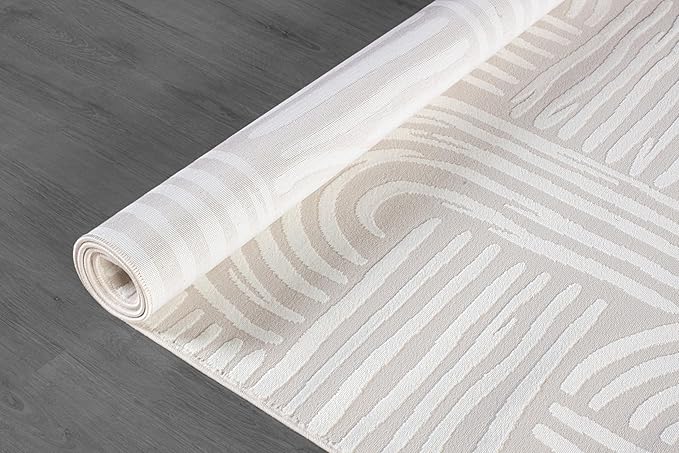 Beverly Rug Modern Geometric Area Rug 5x7 Low-High Pile Durable Soft Abstract Curved Indoor Rugs for Living Dining Room Office Stain Resistant Non Shedding Casual Indoor Carpet Beige White 5 x 7
