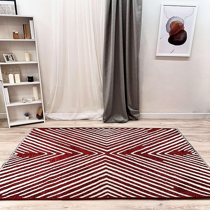 Alfa Rich 4x6 Geometric Red Burgundy Off White Washable Area Rugs for Living Room Bedroom Cotton Rug