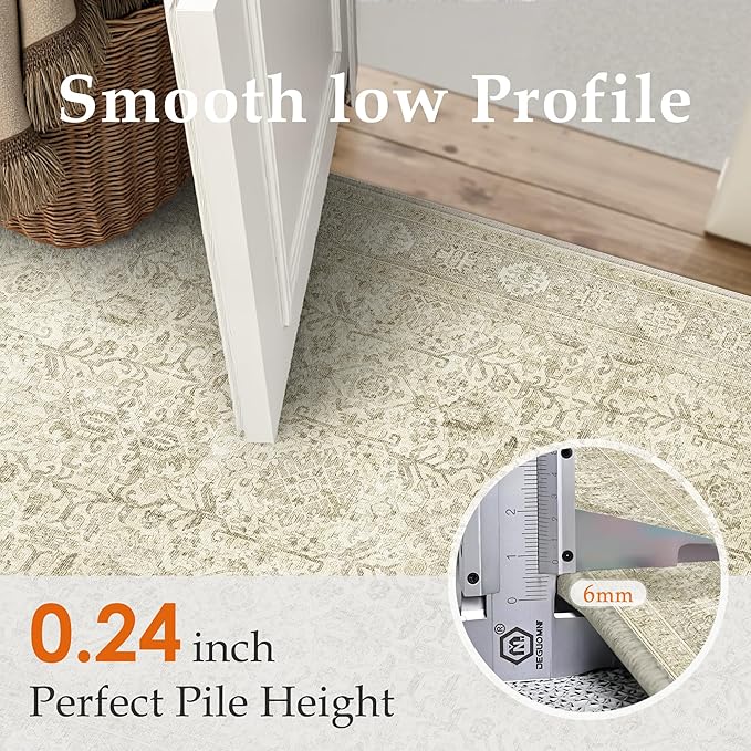 Vintage Area Rug 8x10 Beige Washable Living Room Large Carpet Non Slip Bedroom Indoor Office Low Pile Traditional Distressed Retro Accent Rug for Dining Room