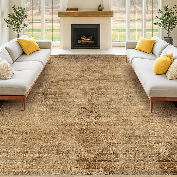 Large Brown Golden Rug for Dining Room Table - Rustic Farmhouse 9x12 Area Rug for Living Room, Bedroom Under Bed, Non Slip with Rubber Backing & Stain Resistant