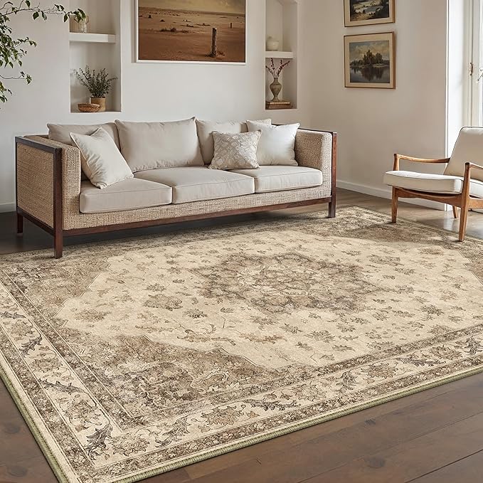 Brown Area Rug 5x7 Washable Vintage Carpet for Living Room Office Soft Retro Low Pile Thin Indoor Rug Non Slip Oriental Medallion Floor Cover for Bedroom Dining Room