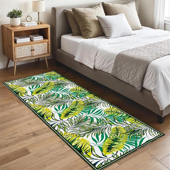 Green Botanical Tropical Leaves Rug 3.3x10ft - Non-Slip Washable Runner, Soft Durable Floor Mat for Hallway, Kitchen, Bedside, Entryway Home Decor