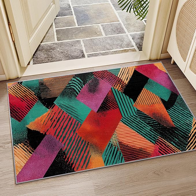 Colorful Area Rugs - Geometric Patchwork Art Rug 4x5, Abstract Retro Aesthetic High Traffic Shed Resistant Carpets Room Decor #C030