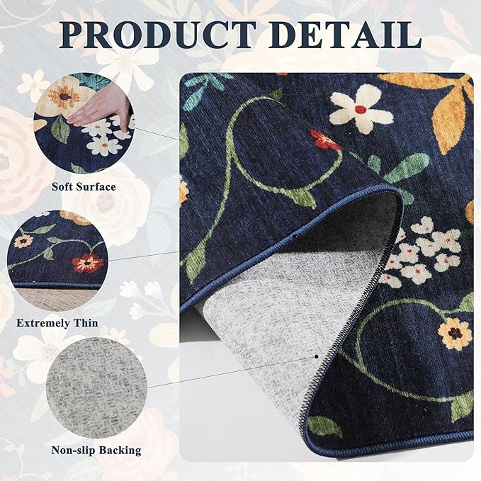 DUKINO 3x4 Area Rug, Lightweight Non Slip Washable Floral Rug, Indoor Low Pile & Non-Shedding Boho Design Carpets for Bedroom, Kitchen, Dining Room, Navy Blue