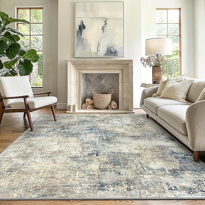 GENIMO Washable Area Rugs for Living Room, 9x12 Modern Non Slip Rugs, Low Pile Lightweight Soft Print Rug for Bedroom, Dining Room, Home Office, Blue Grey Beige