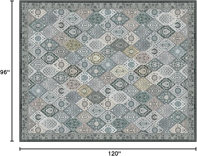Phantoscope Washable Area Rug 8'x10' Non-Slip, Vintage Boho Rugs for Living Room, Bedroom, Dining Room, Distressed Moroccan Mosaic Diamond Pattern, Low-Pile Foldable Floor Carpet, Grey Charcoal