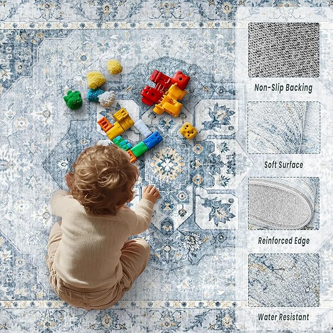 9x12 Area Rugs Washable Rugs for Living Room, Large Vintage Boho Rug Non-Slip Soft Floral Distressed Rug Low Pile Stain Resistant Carpet for Bedroom Nursery Office Dining Room Farmhouse(Blue, 9'x12')