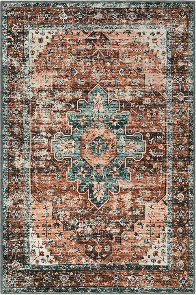 Moynesa Ultra-Thin Vintage Area Rug - 6x9 Washable Bedroom Rug Large Living Room Rug Non-Slip Dining Room Mat, Oriental Printed Low Pile Nursery Carpet for Office Kitchen Entryway, Brick Red/Dull Teal