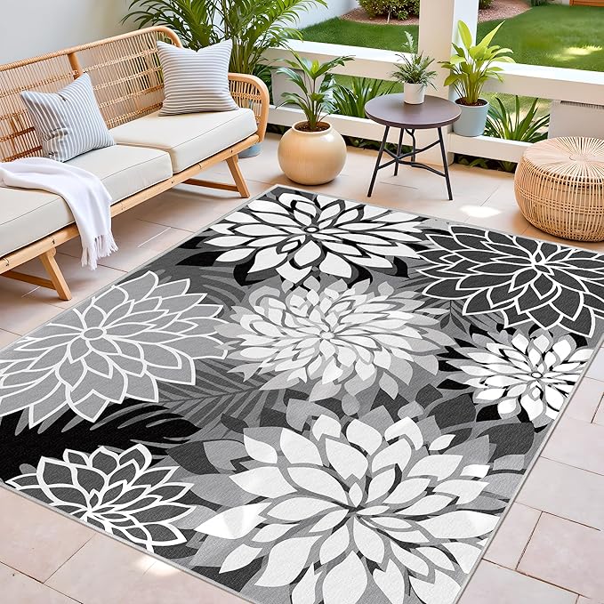 5x8 Outdoor Area Rug Washable Multicolored Patio Rug Tropical Botanical Floral Chenille Waterproof Outdoor Carpet for Living Room, Deck, Backyard, Porch, Blue