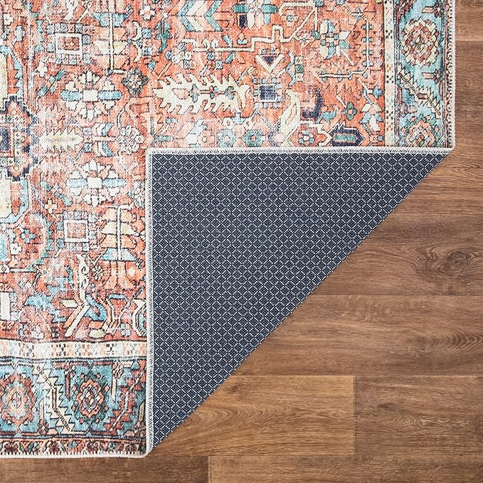Bloom Rugs Washable Non-Slip 8' x 10' Rug - Orange/Blue Traditional Area Rug for Living Room, Bedroom, Dining Room, and Kitchen - Exact Size: 8' x 10'